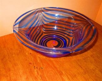 Art Glass Bowl with Cobalt Swirl