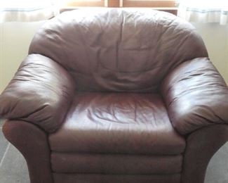Very comfy leather chair: 45"w x 35"d x 32"h . Has some wear but is REALLY comfortable.