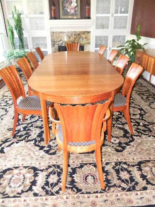 THOS. MOSER ARIA EXTENSION DINING TABLE WITH 10 ARIA DINING CHAIRS W DUMONT NERO FABRIC.