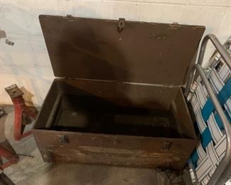 #217 old army trunk, wood and metal. 32"×16"×13" $30.00