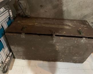 #217 old army trunk, wood and metal. 32"×16"×13" $30.00