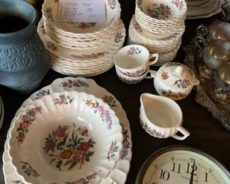 #115 Limoges "Wales" china set $ 80.00
( 8 dinner plates, 6 soup bowls, 8 salad plates, 7 bread + butter, 7 fruit bowls, 2 cups, cream + sugar)