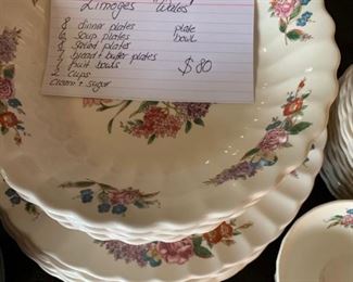 #115 Limoges "Wales" china set $ 80.00
( 8 dinner plates, 6 soup bowls, 8 salad plates, 7 bread + butter, 7 fruit bowls, 2 cups, cream + sugar)