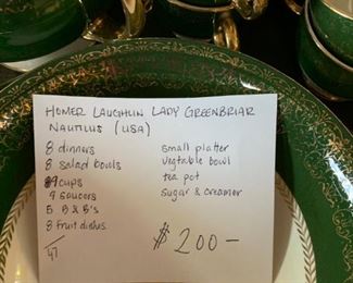 #56 Homer Laughlin Lady Greenbriar Nautilus china set 47 pieces plus serving pieces $200.00