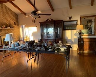 #12 cabinet Baker furniture china cabinet with 3 wood&3 glass doors 1 drawer in 2 pieces 70x18x34-91 $850.00
#15 cabinet Rittenhouse square by Henredon buffet with 1 drawer and 2 doors and flip top on wheels 38-76x18x36 $350.00