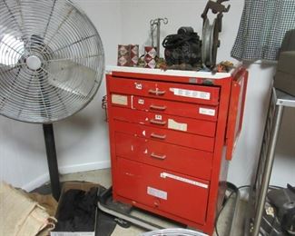 red tool box, large floor fan