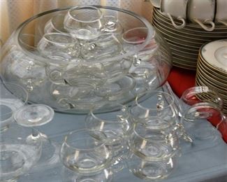 Handblown Glass Punch Bowl Set 7050 by Riekes Crisa Moderno, includes 2 Ladles and 29 Cups