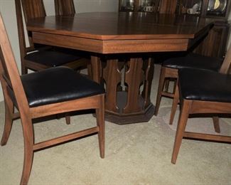 MidCentury Modern Dining Set  Walnut Table 2 leaves  Pads to protect 6 Chairs and 2 piece China Cabinet.
