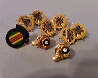 Past Branch Fleet Reserve Assn pin, Vietnam Veterans of America 10 Years Pin, Elks Pin and more