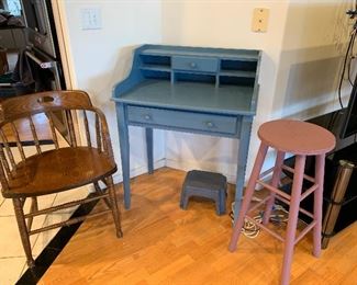 Small desk, chair and stool