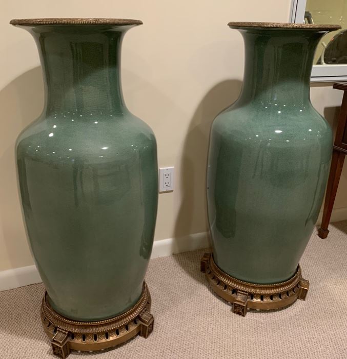 47. Pair of Crackle Jade Green Vases on Brass Base (41")