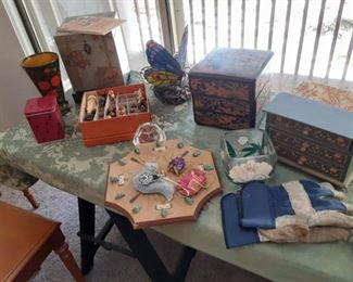 Antique German chess game pieces and stained glass butterfly table lamp