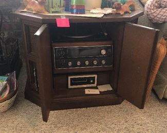 retro end table with Magnavox turntable and 8 track tape deck