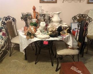 dining table and chairs, oil lamps