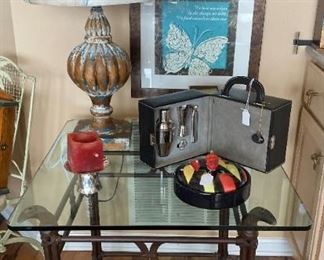 Glass Top End Table, Butterfly Lamp, Butterfly Picture, Mini Bar