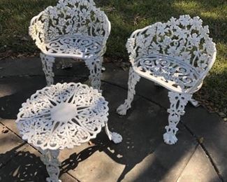 Cast Iron Patio Set
Chairs measure: 27” tall to back, 15” tall to seat x 18” wide x 12” deep
Table measures: 15” tall x 21” wide
Excellent condition!