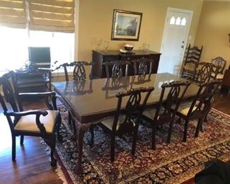 Imported Large Dining Room Table
Great condition, normal wear. 
6 chairs & 2 captains chairs. 
Table measures: 30” tall x 8’ long x 43” wide.
Captains Chairs measure: 40” tall to back, 20” tall to seat, 22” wide x 17” deep.