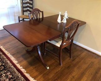 Antique Duncan Phyfe style drop leaf table & 2 chairs
Table completely folded out is 64” long.
Table folded down without leaf is 2’ long
It measures 3’ wide x 29” tall.
Each chair measures: 20” across x 17” deep x 19” tall to seat, 37” tall to back.