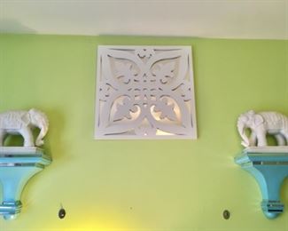 Teal Blue Wall Sconces with Mirror Trim (pair)            White Ceramic Elephants (pair)