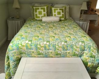 Queen Bed Frame & Mattress.  Queen Bedding, Side tables & Lamps