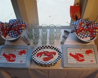 Sun Room:  Lobster place mats, plastic platters, terry-cloth napkins, lobster engraved glasses, picks and more!