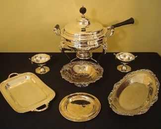 Dining Room:  A silver-plate chafing dish is shown with the rare PAIRPOINT compotes and more silver-plate items.