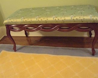 Hall on the way to Master Bedroom:  The "Elfman" sage upholstery on the amber mahogany bench with "ribbon carving" side is so sweet!  It's great for extra seating or at the foot of a bed. 