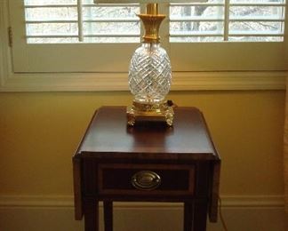 Master Bedroom-First Floor:  The WATERFORD crystal lamp measures 22" to the top of the finial.  It rests on a SHERRILL drop-leaf wine table.