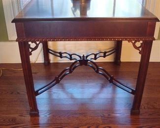 Family Room:   This is the second SHERRILL side table, but this one does not have a drawer.  Both have wood details, braid trim, and intricate stretchers.