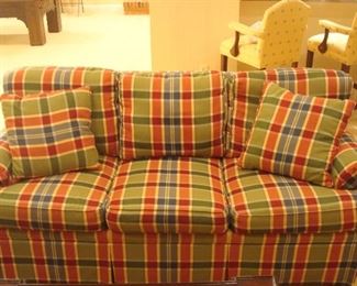 Lower Level: This is one of two matching custom made multi-plaid HIGHLAND HOUSE sofas.  Each is 78' long and has three spring down seat cushions.   The toss pillows are included!