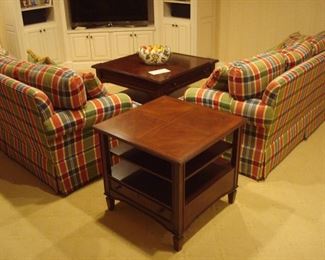 Lower Level:  A square side table (28" x 28") with two under-shelves and one drawer matches the nearby cocktail table.  Also shown are two custom made plaid sofas (a closer photo is coming up).
