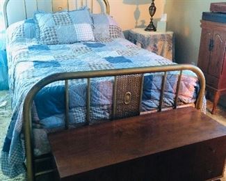 Antique iron bed, lane cedar chest, round table with lamp