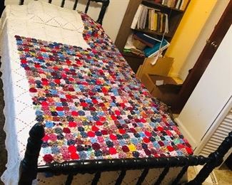 Twin spindle bed. Unfinished pin wheel quilt. The pieces to finish it are available