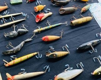 over 60 vintage wooden Fishing lures including Heddon Paw Paw and South Bend