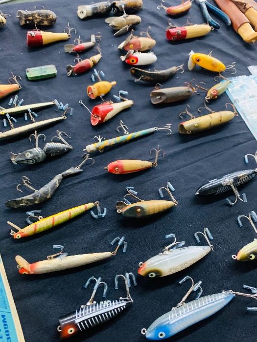 over 60 vintage wooden Fishing lures including Heddon Paw Paw and South Bend