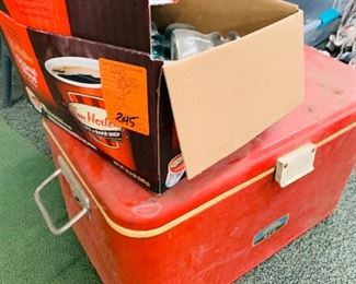 telephone insulators and vintage metal cooler