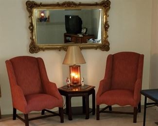 Pair of matching Wing Back Chairs and Oriental Etched Glass Top End Table.