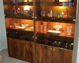 Pair of Lighted Wood & Smoked Glass Display Cases