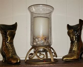 Pr. of Brass Shoes and Candle