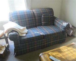 Plaid Love Seat, Oak Coffee Table
