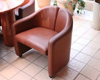 Round Table with 4 Leather Barrel Chairs on Casters