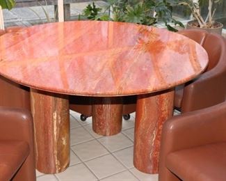 Mario Bellini Round Table with 4 Leather Barrel Chairs on Casters