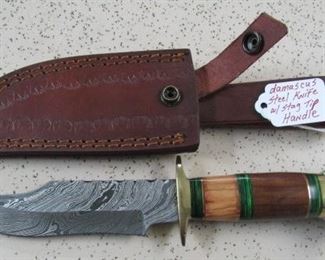 Damascus Steel Knife w/Stag Tip Handle
