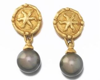  Pair of Gold and Tahitian Pearl Day to Night Starfish Design Earrings 
