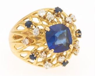14k Yellow Gold Ring Synthetic Sapphires and Diamonds 