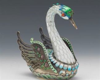 1950s Chinese Export Enameled Silver Swan