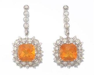 A Pair of Fire Opal and Diamond Earrings 