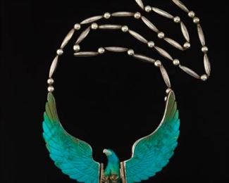 American Eagle Native American Sterling Silver and Turquoise Ornament on Sterling Necklace 