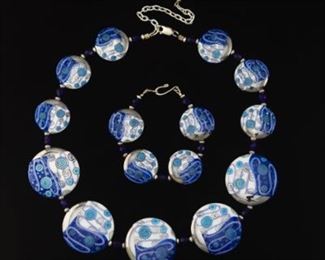 Artisan Sterling Silver and Enameled Porcelain Necklace and Bracelet 