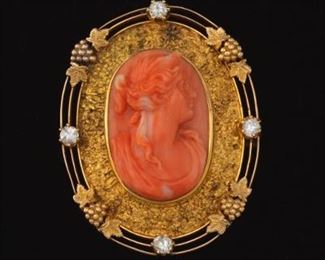 Carved Coral Cameo in Gold and Diamond Frame, ca. 1910 